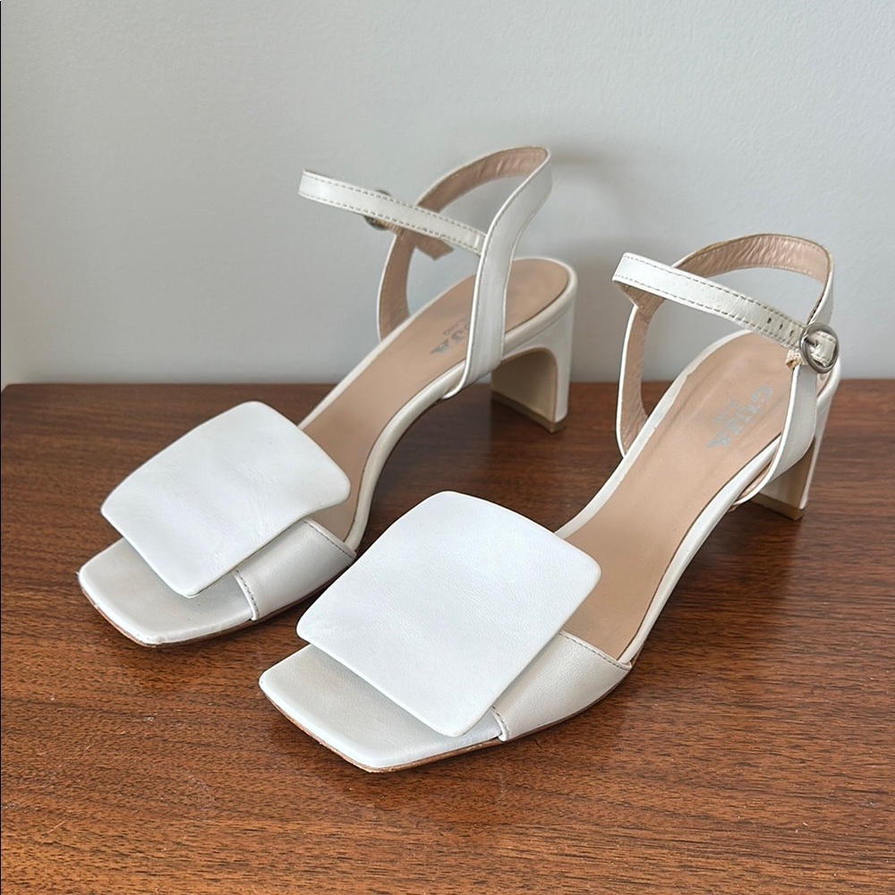 White Modern Heels with Square Toe and Ankle Straps by Guja of Milan